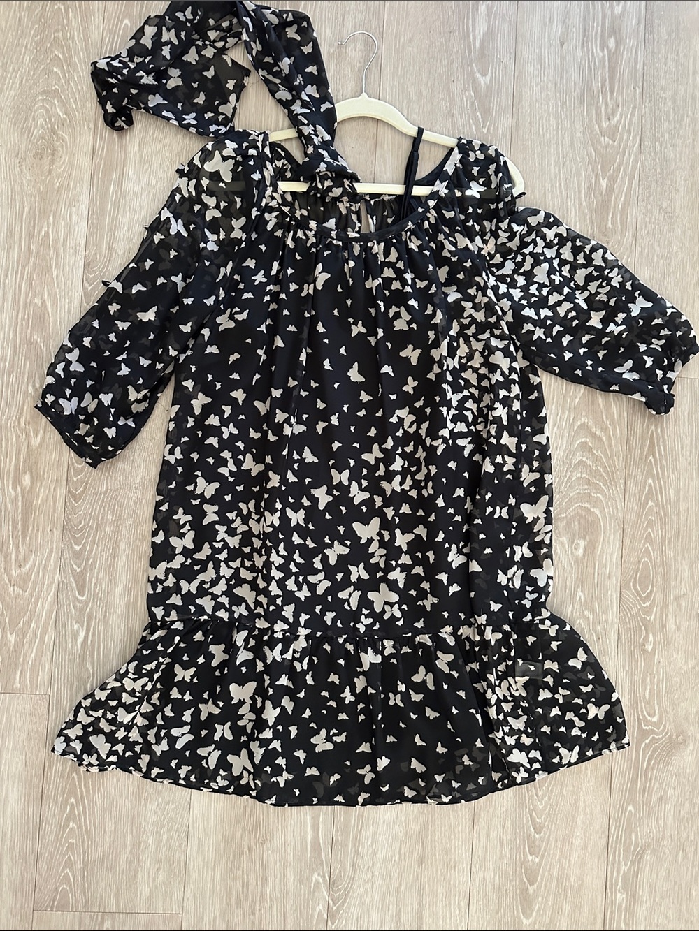 LC Lauren Conrad Black Butterfly-Print Dress with Scarf